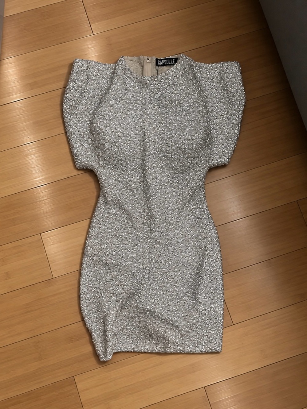 Silver Puff-Sleeve Sheath Dress